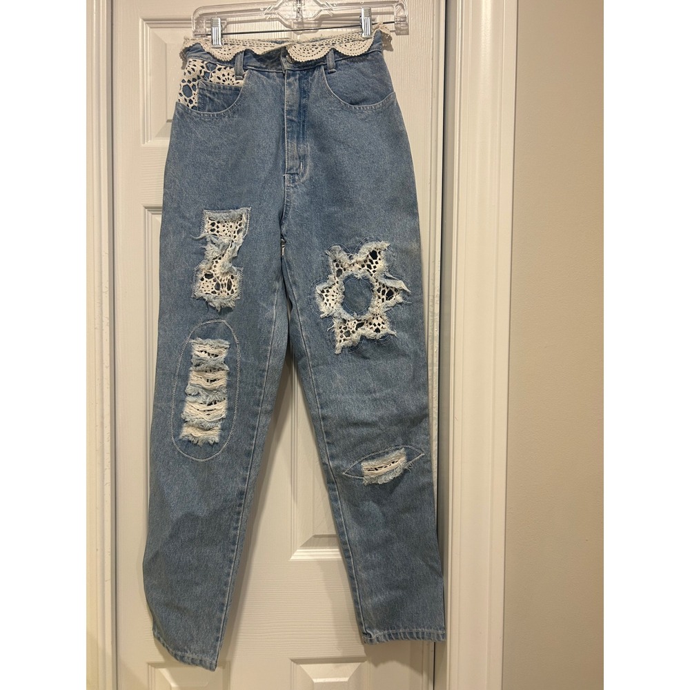 Vintage 80s 90s Mom Jeans High Waist Distressed Lace‎ Applique Denim Zip Code